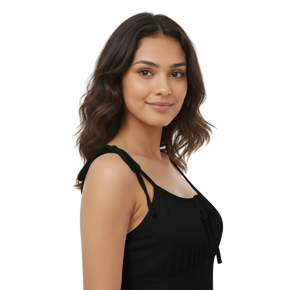 women solid black bodycon maxi dress with tie-up straps