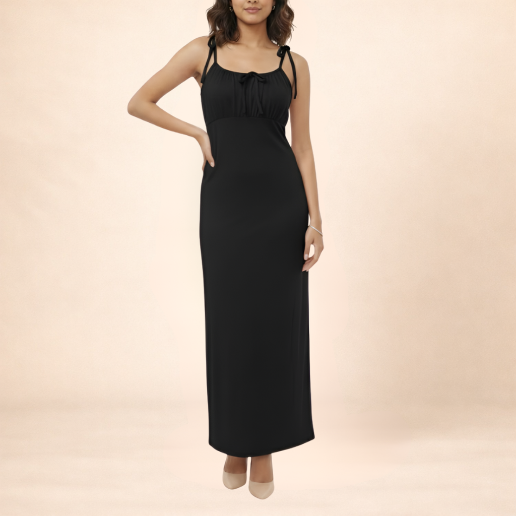 Women Solid Black Bodycon Maxi Dress With Tie-up Straps