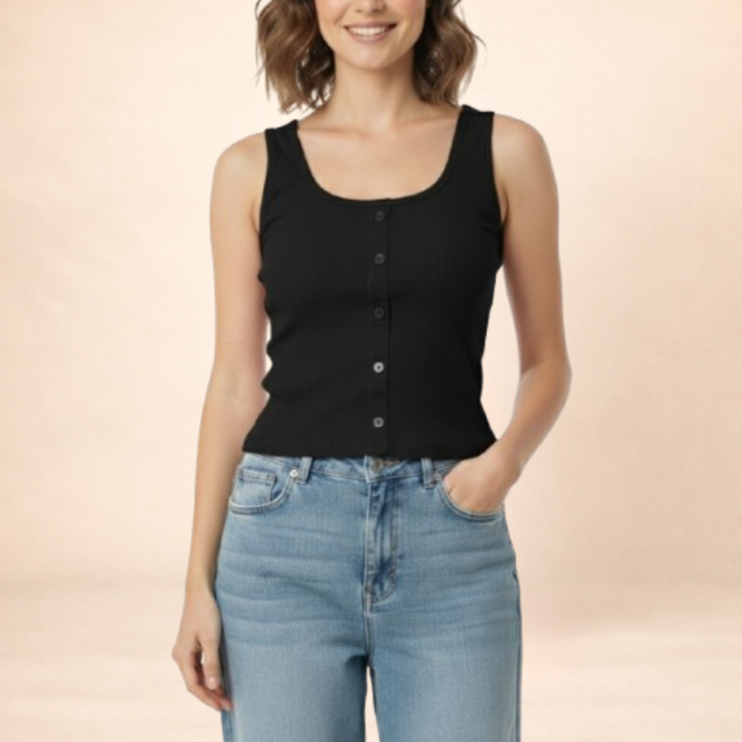 Ribbed Black Button-Front Tank Top