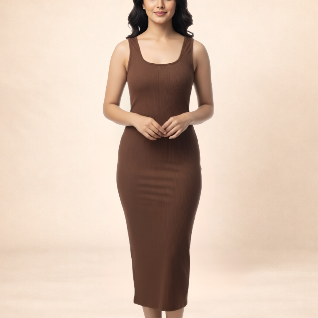 Square Neck Brown Bodycon Dress