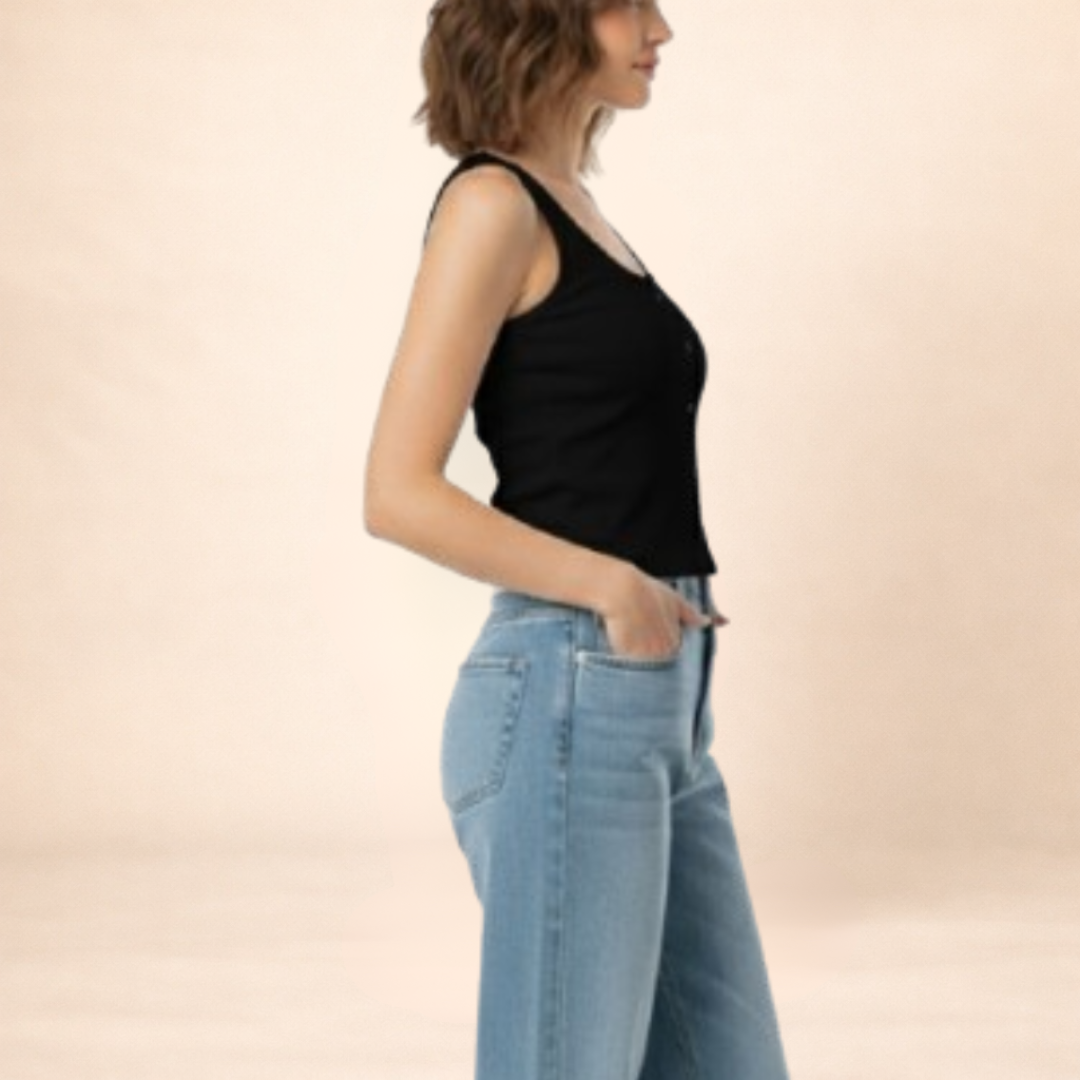 Ribbed Black Button-Front Tank Top