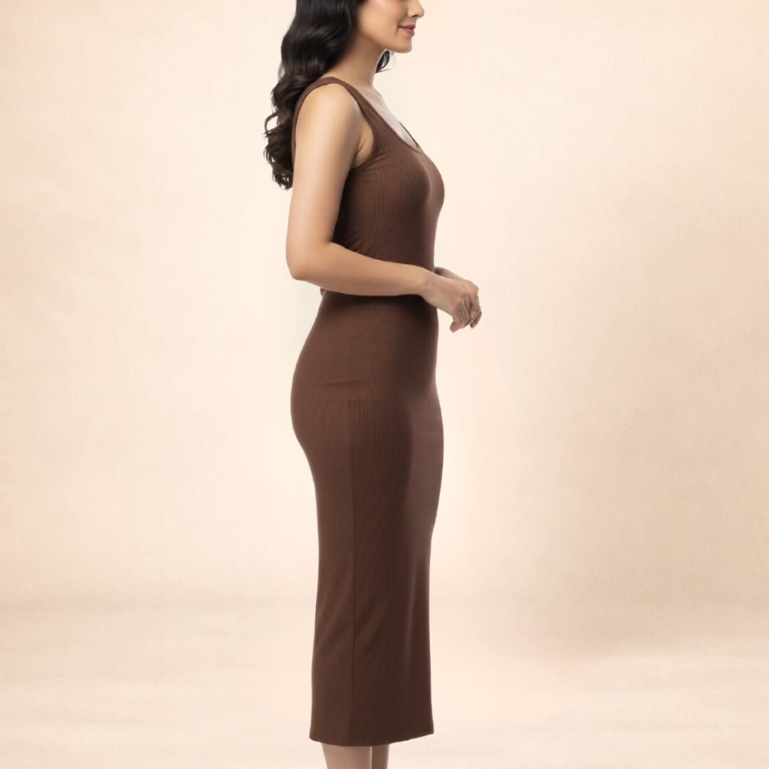 Square Neck Brown Bodycon Dress