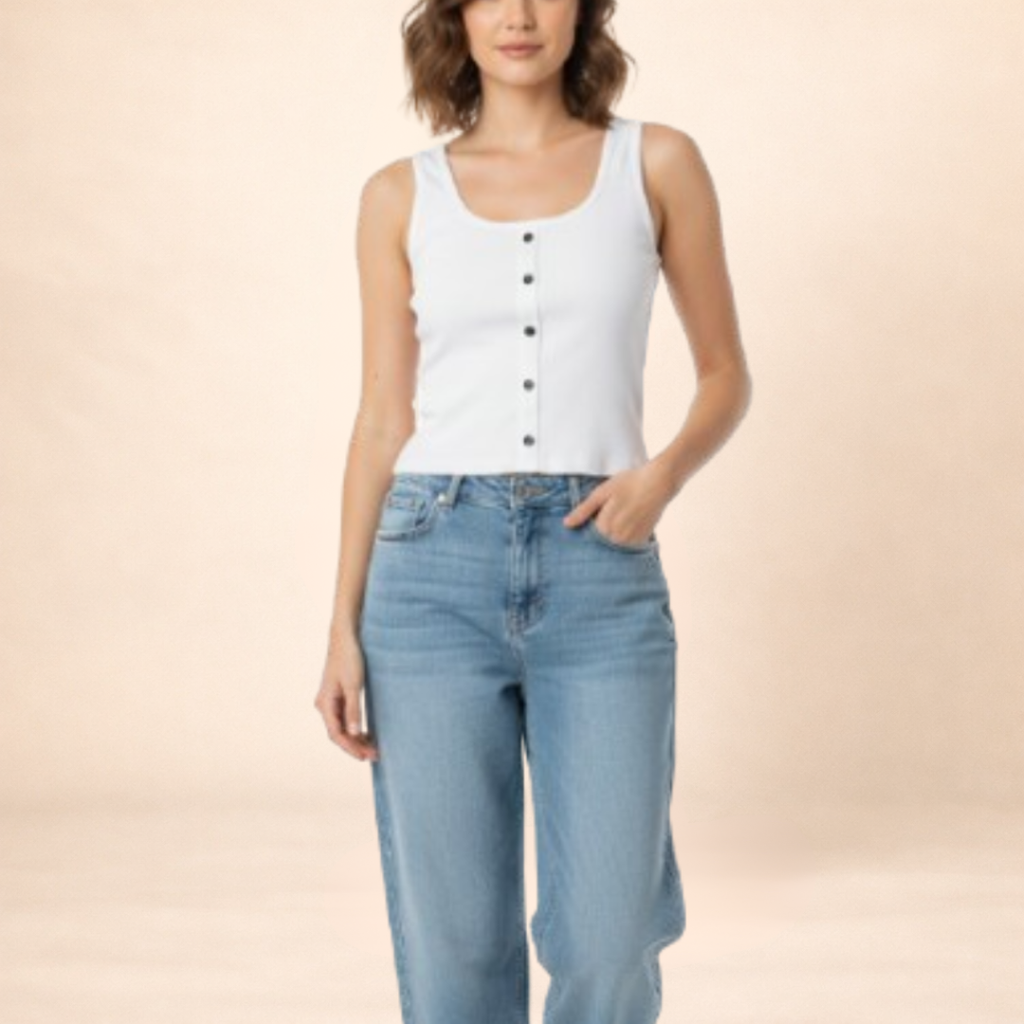 Ribbed White Button-Front Tank Top
