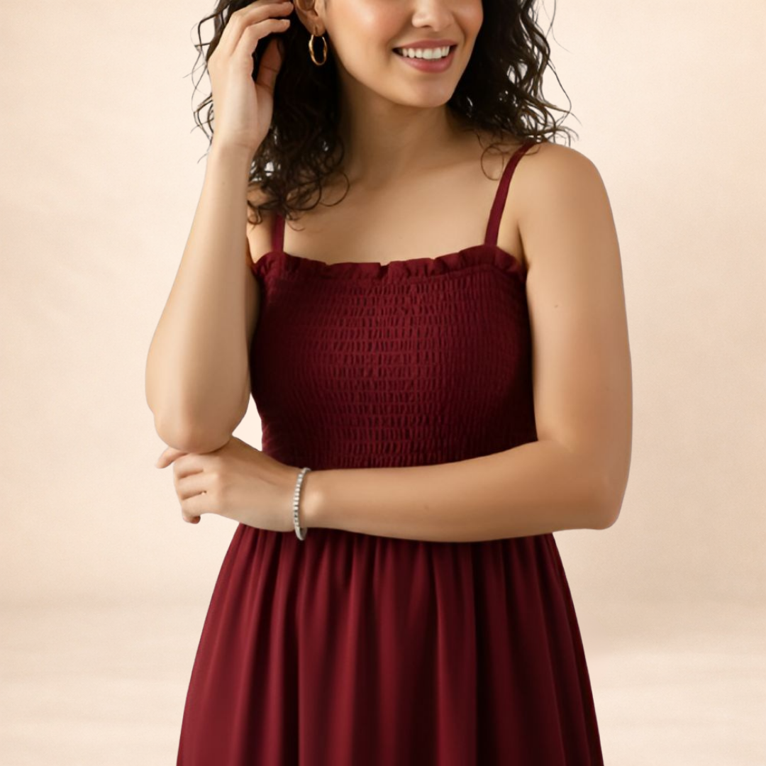 Maroon Smocked Midi Dress