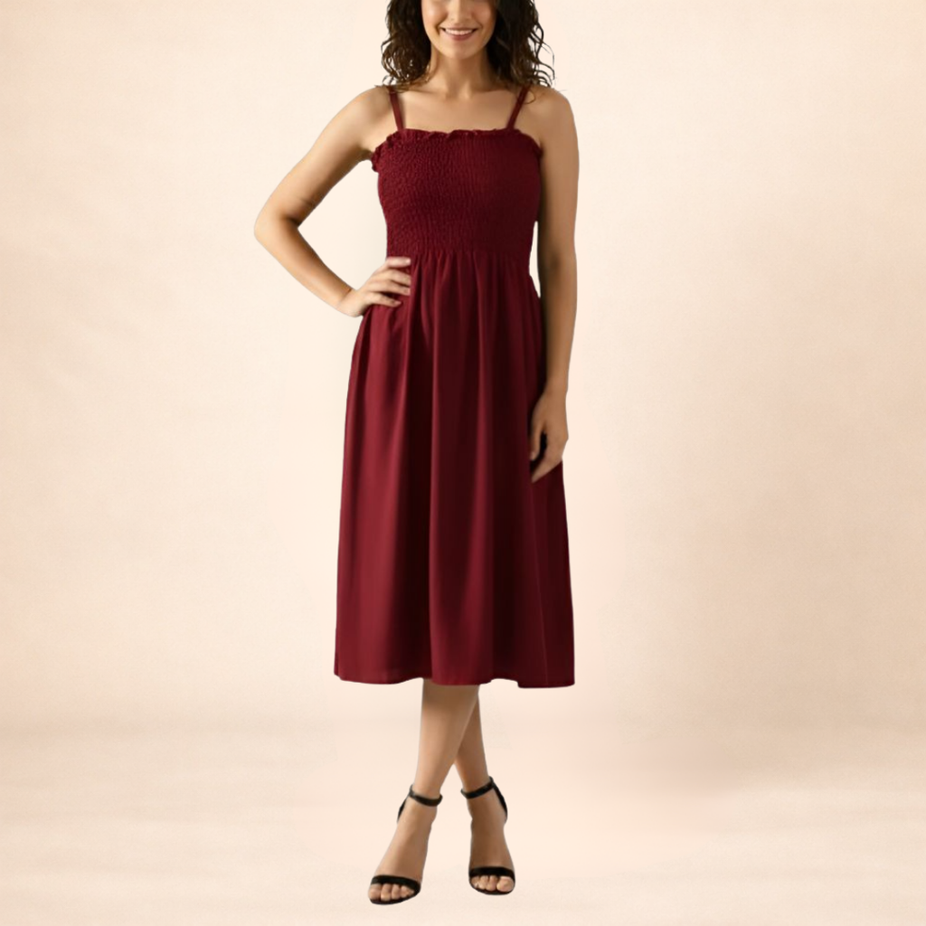 Maroon Smocked Midi Dress