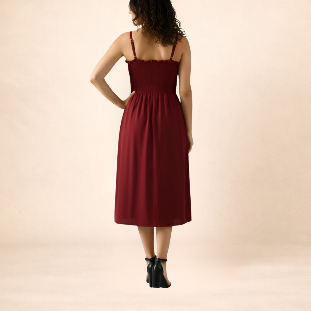 Maroon Smocked Midi Dress