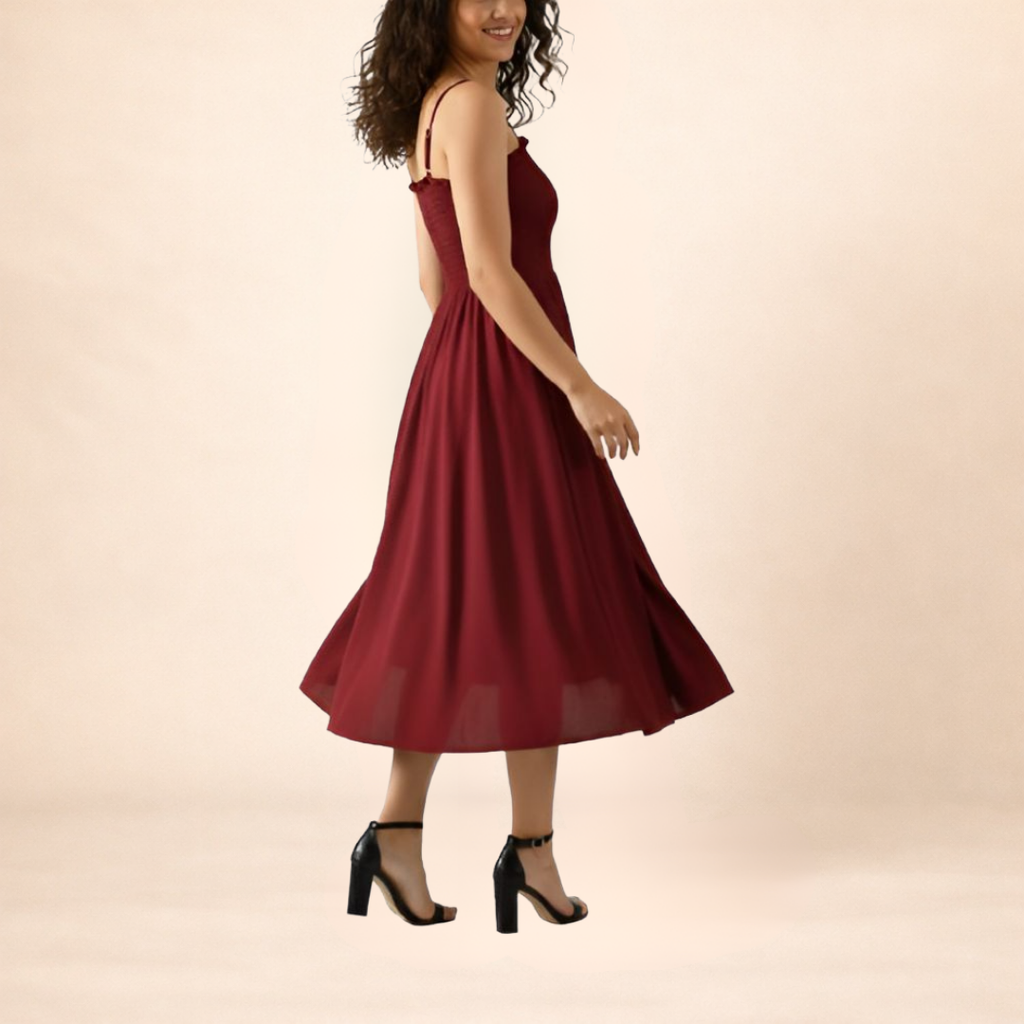 Maroon Smocked Midi Dress