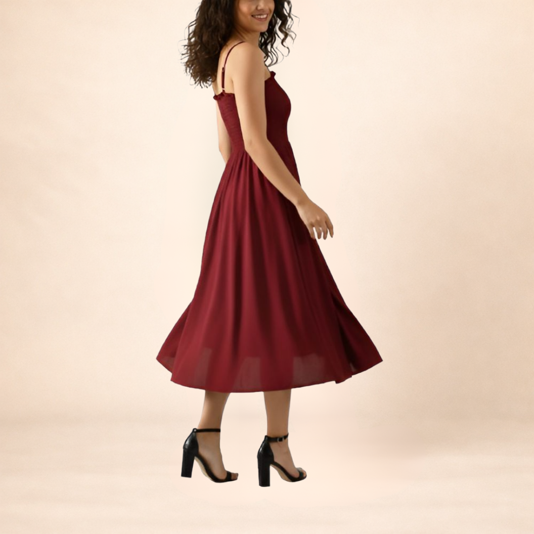 Maroon Smocked Midi Dress