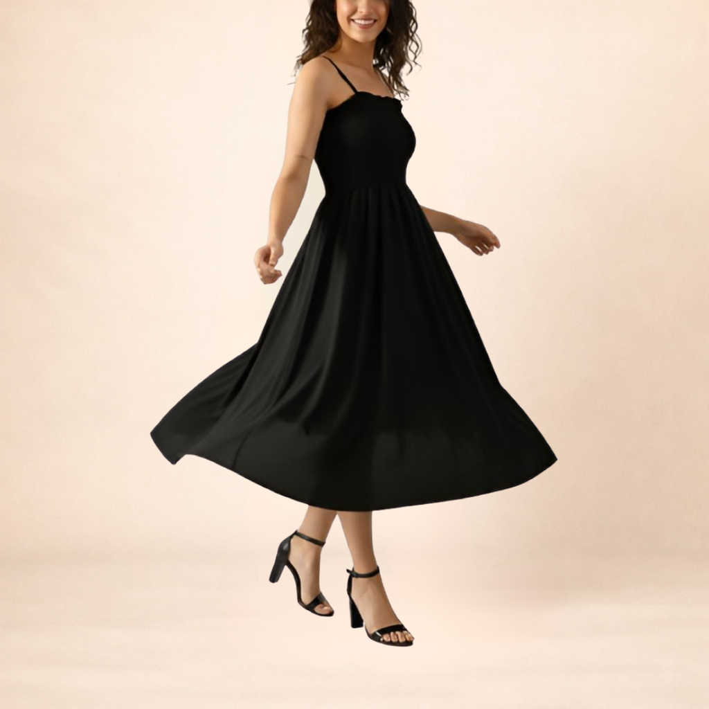 Black Smocked Midi Dress