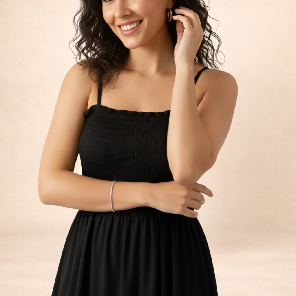 Black Smocked Midi Dress