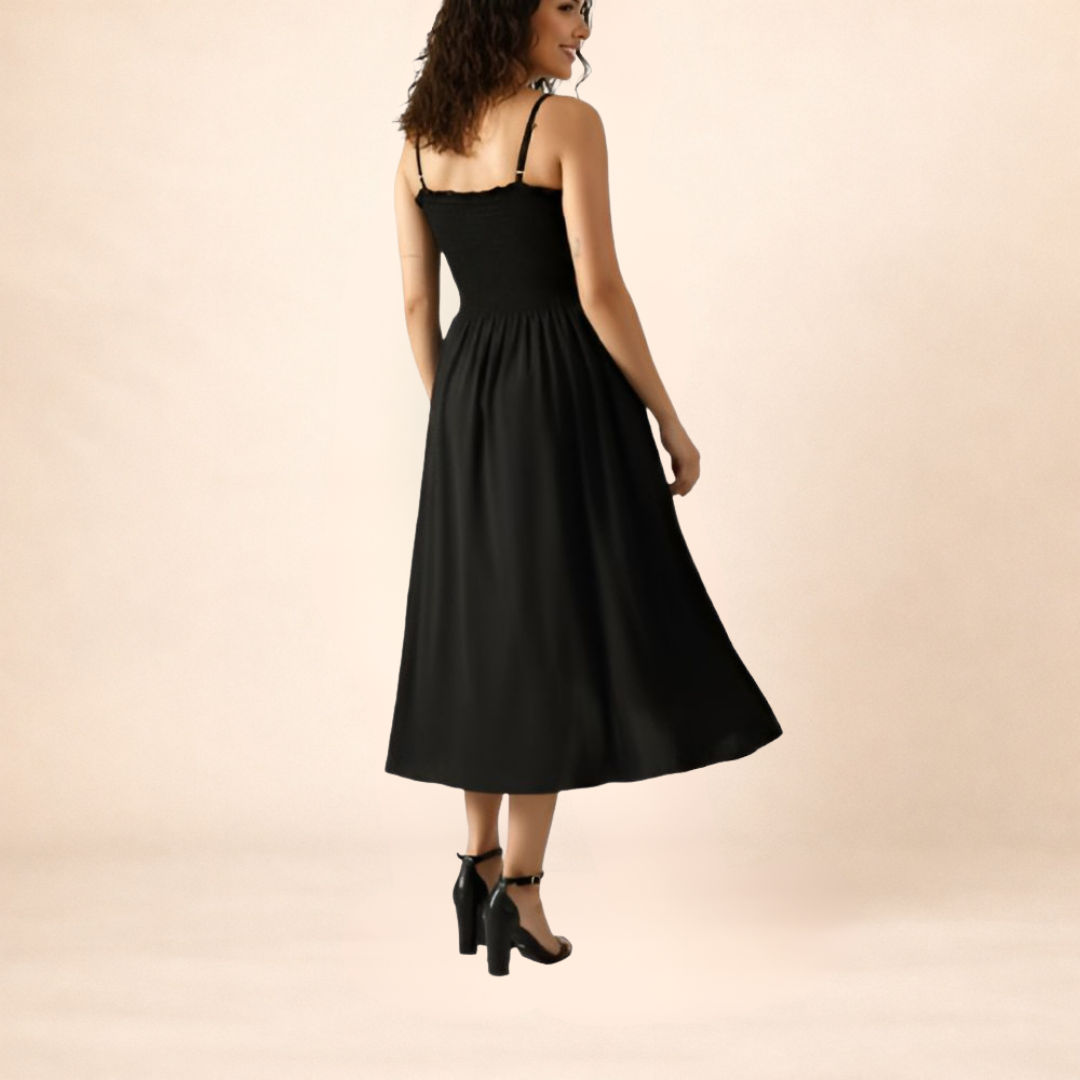 Black Smocked Midi Dress