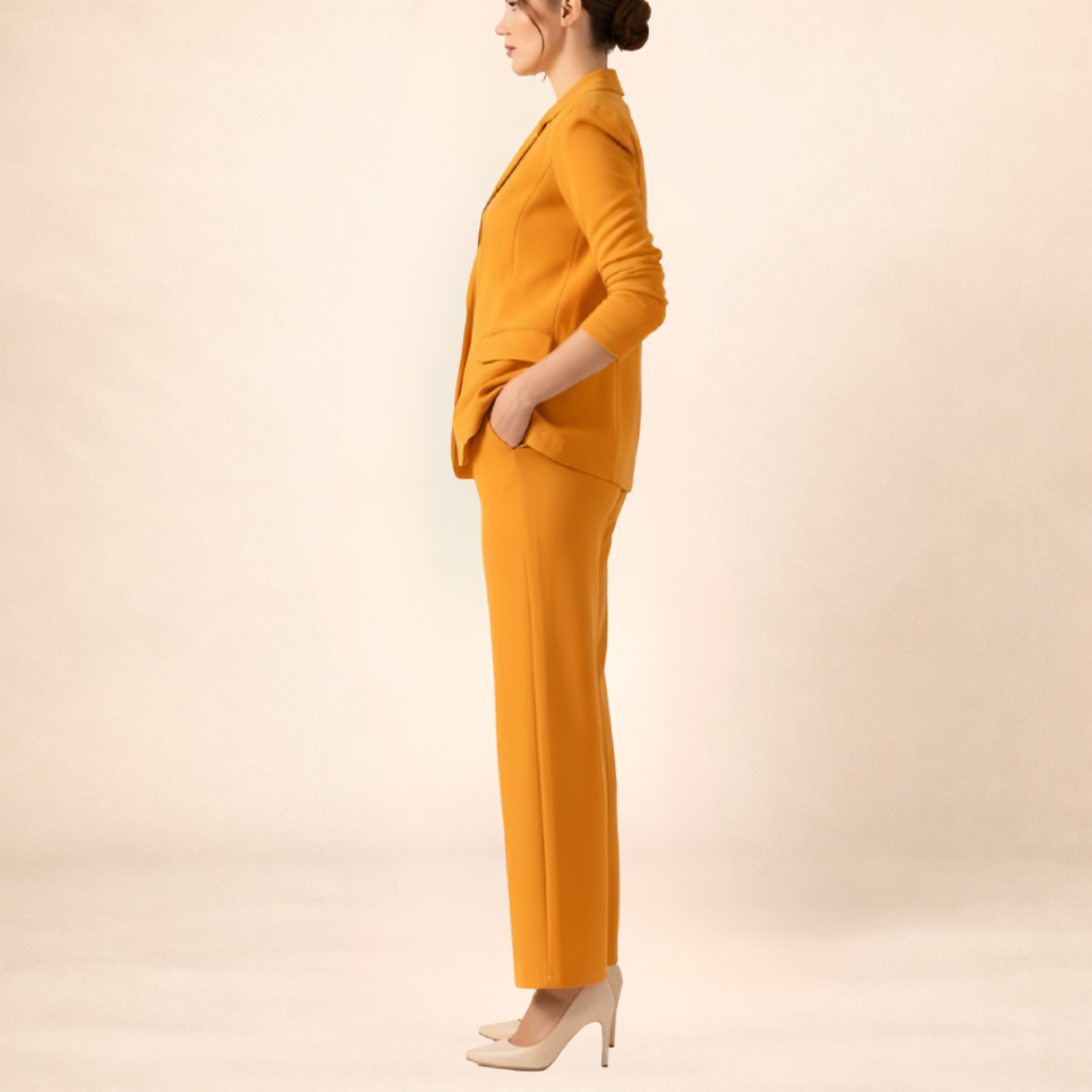 Mustard Draped Blazer and Wide-Leg Pant Set