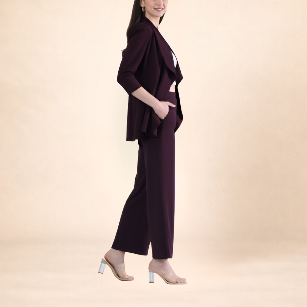 Wine Draped Blazer and Wide-Leg Pant Set