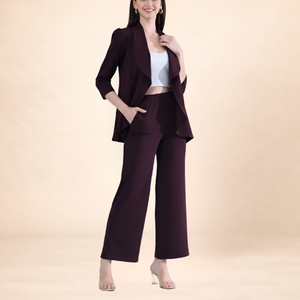 Wine Draped Blazer and Wide-Leg Pant Set