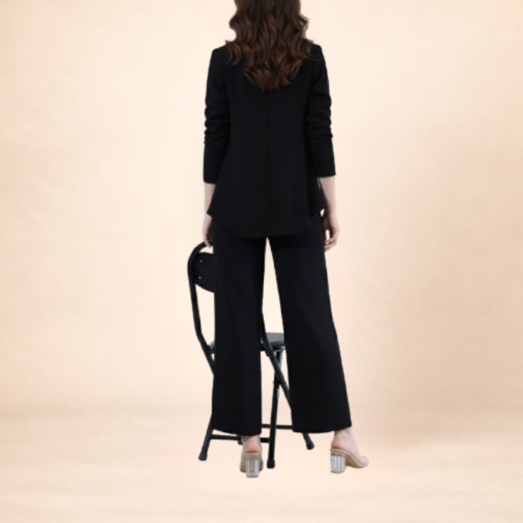 Black Draped Blazer and Wide-Leg Pant Set