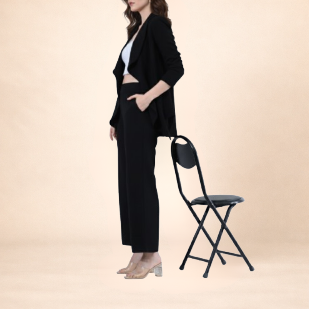 Black Draped Blazer and Wide-Leg Pant Set