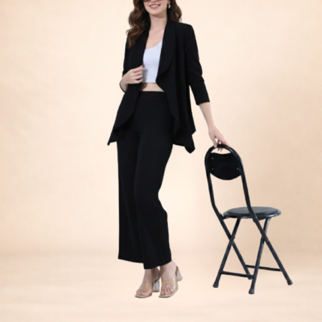 Black Draped Blazer and Wide-Leg Pant Set