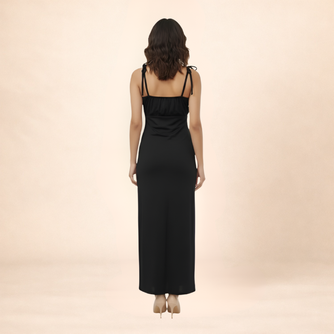 Women Solid Black Bodycon Maxi Dress With Tie-up Straps