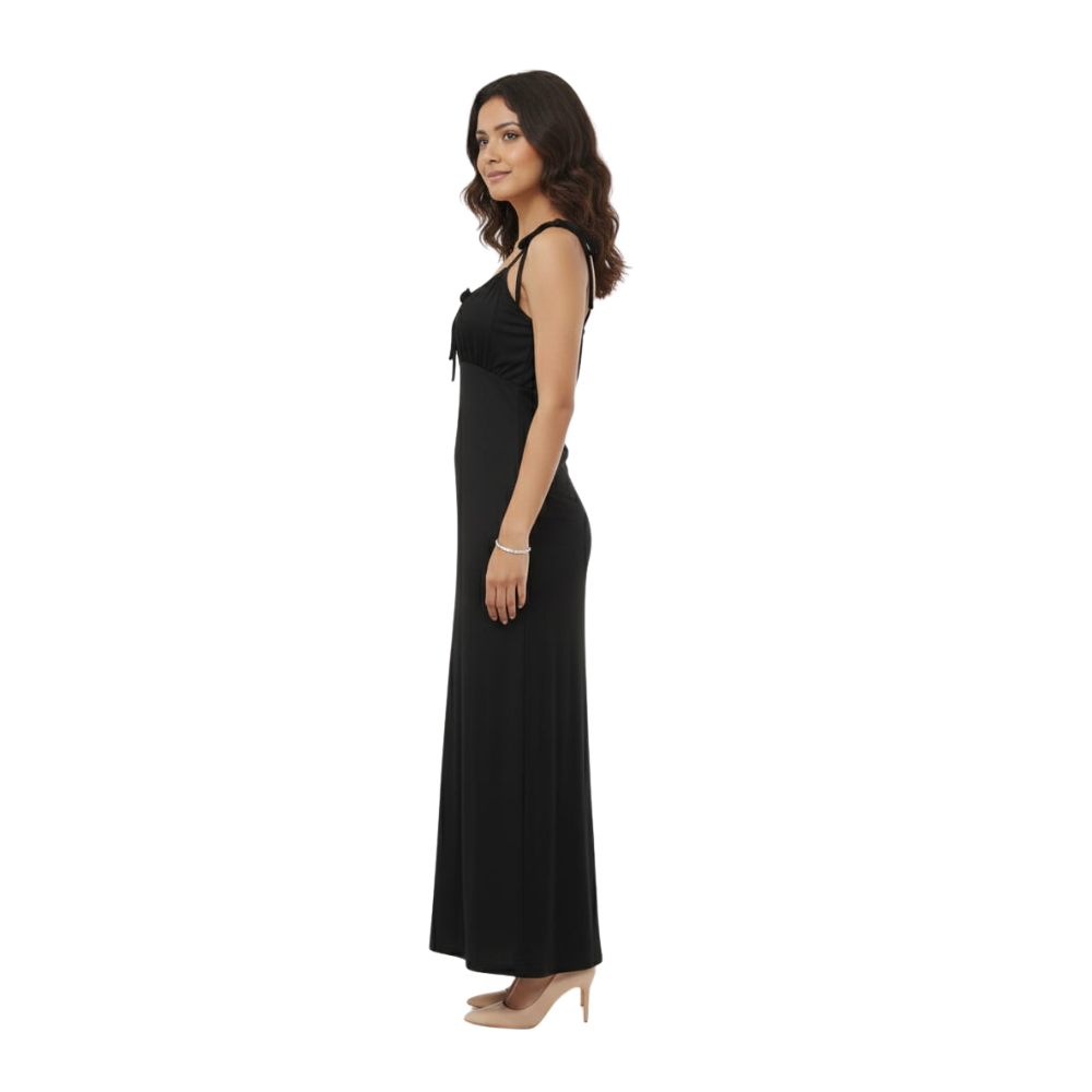 women solid black bodycon maxi dress with tie-up straps