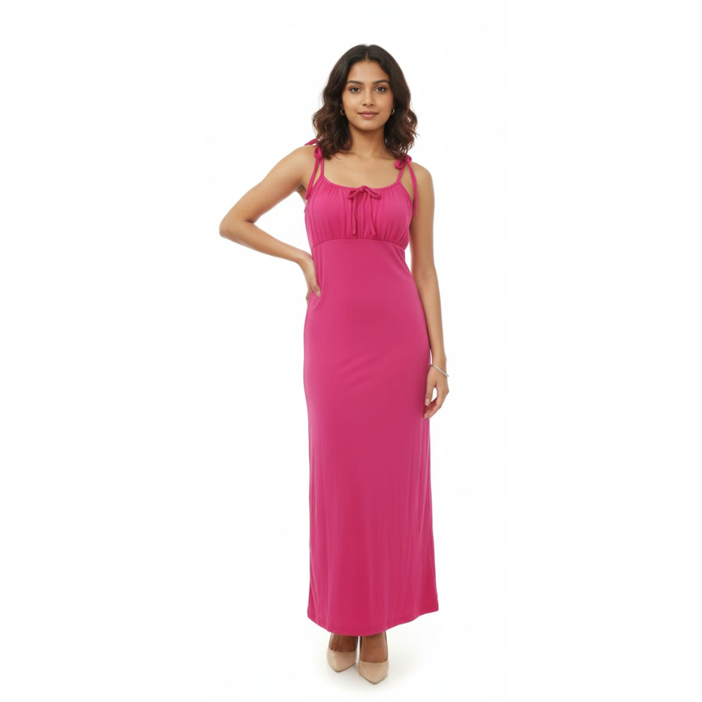 women solid pink bodycon maxi dress with tie-up straps