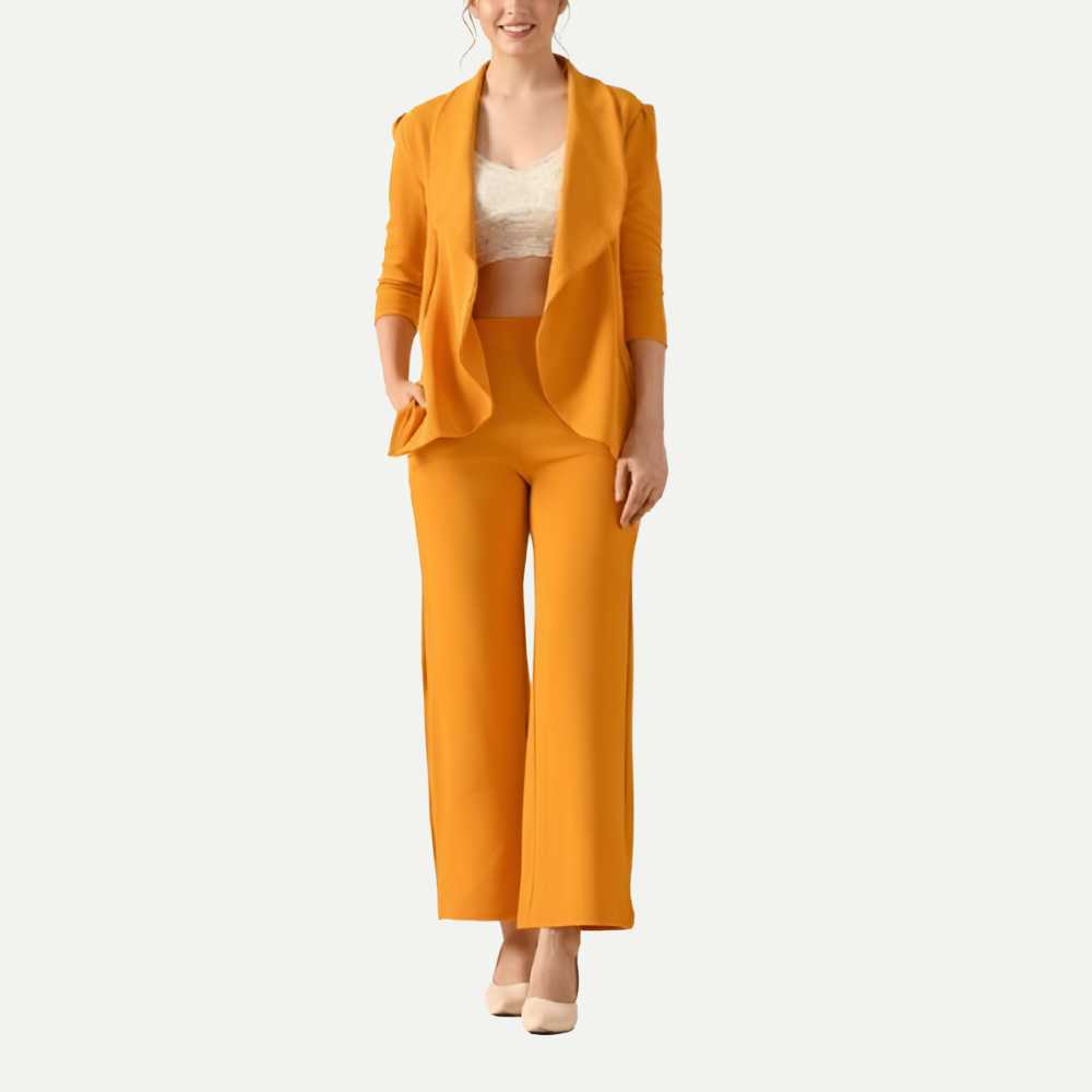 Mustard Draped Blazer and Wide-Leg Pant Set