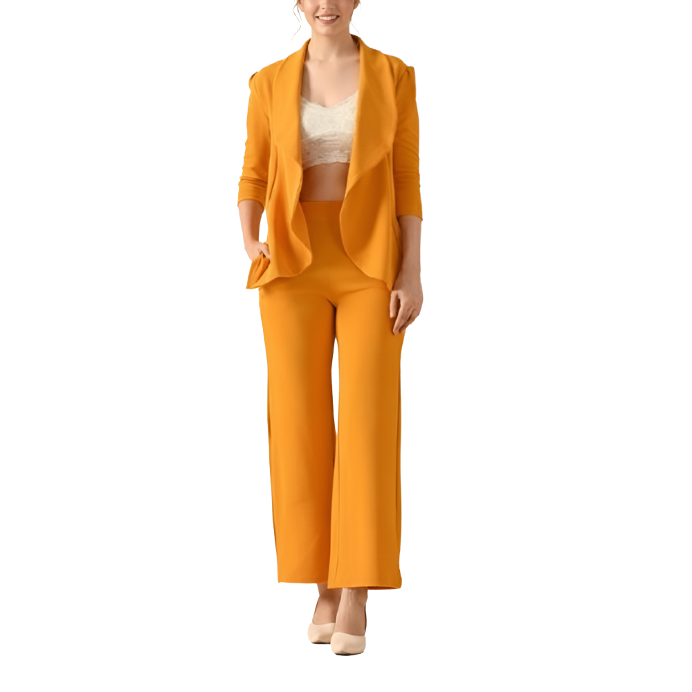 Mustard Draped Blazer and Wide-Leg Pant Set