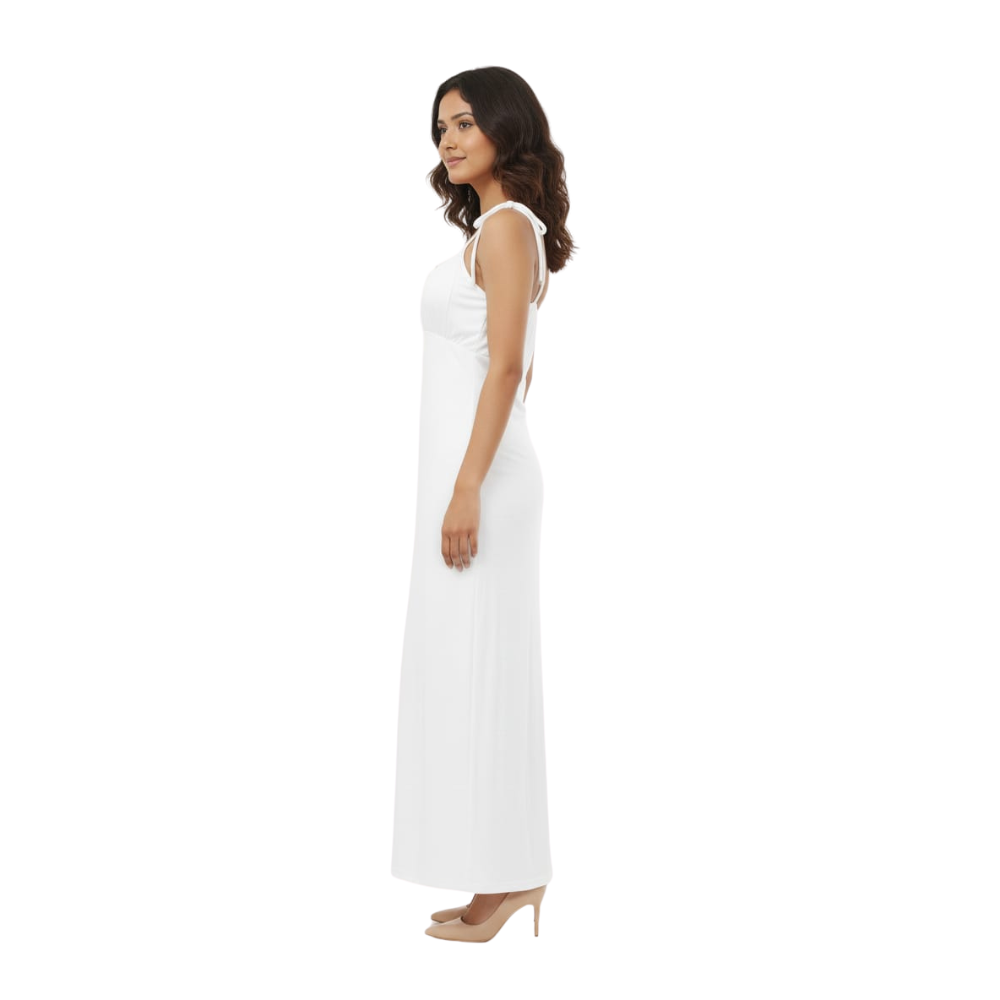 women solid white bodycon maxi dress with tie-up straps