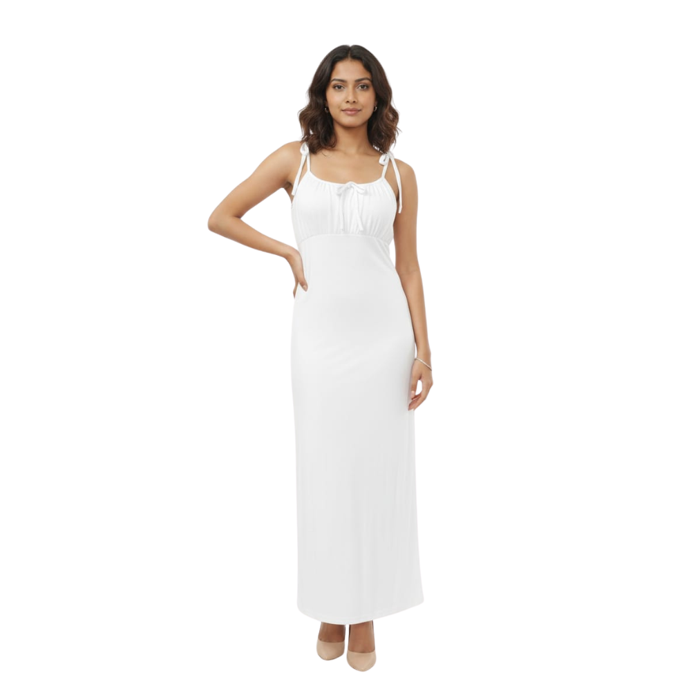 women solid white bodycon maxi dress with tie-up straps
